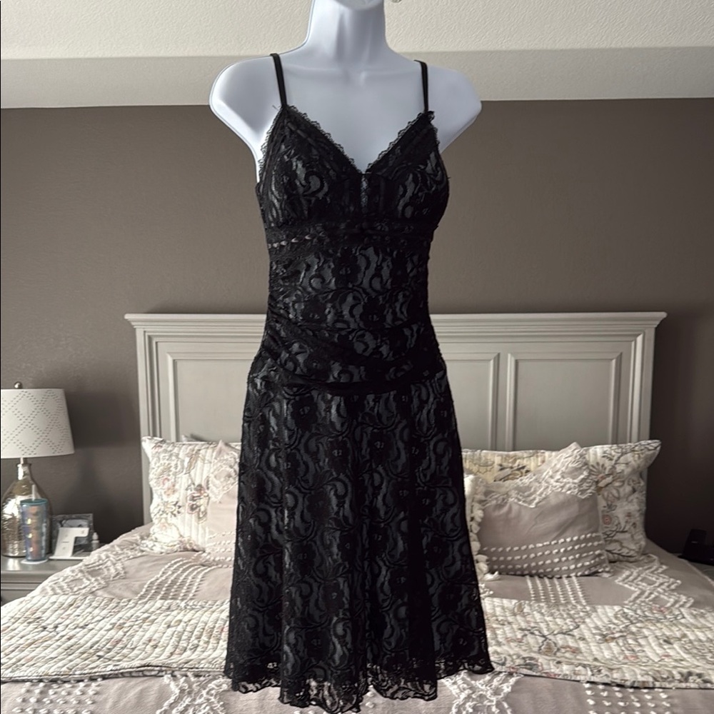 Trixxi Black Midi Dress with Floral Lace and V-Neck